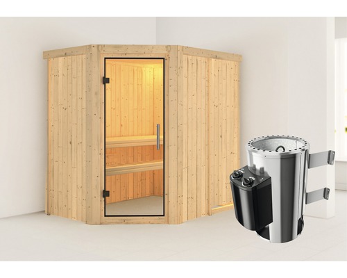 Sauna modulaire Karibu Laja avec poêle 3,6 kW et commande intégrée, sans couronne, avec porte entièrement vitrée transparente