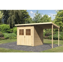 Abri de jardin en bois avec double porte et auvent dans le jardin