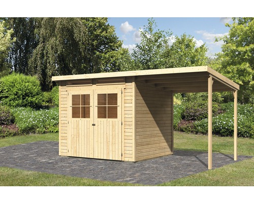 Abri de jardin Karibu Glücksburg 4 avec extension de toit 439 x 236 cm naturel Abri de jardin en bois avec auvent dans le jardin