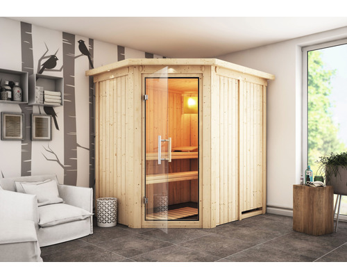 Sauna modulaire Karibu Laja sans poêle avec couronne et porte entièrement vitrée transparente