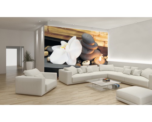 Salon avec papier peint photo avec motif de pierre et d''orchidée