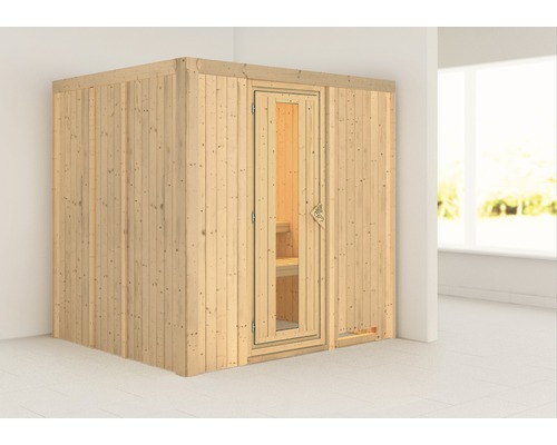 Sauna modulaire Karibu Maria sans poêle ni couronne, avec porte en bois et verre isolé thermiquement