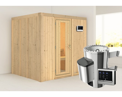 Sauna modulaire Karibu Maria avec poêle 3,6 kW et commande intégrée, sans couronne, avec porte bois en verre isolé thermiquement