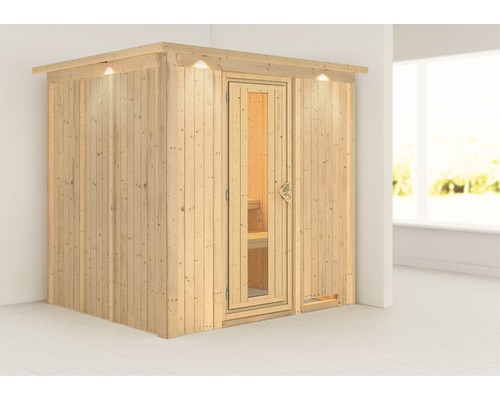 Sauna modulaire Karibu Laja sans poêle avec couronne et porte bois en verre isolé thermiquement