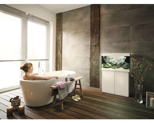 Salle de bains lumineuse avec baignoire et aquarium sur meuble bas