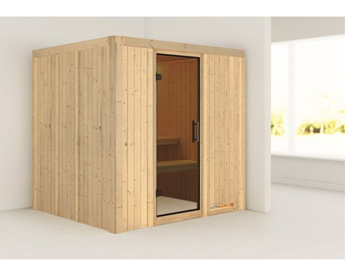 Sauna modulaire Karibu Maria sans poêle ni couronne, avec porte entièrement vitrée coloris graphite