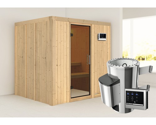 Sauna modulaire Karibu Maria avec poêle 3,6 kW et commande externe sans couronne, avec porte entièrement vitrée coloris graphite