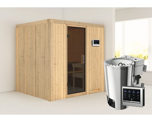 Sauna modulaire Karibu Maria avec poêle bio 3,6 kW et commande externe sans couronne, avec porte entièrement vitrée coloris graphite