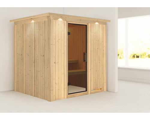 Sauna modulaire Karibu Achat VIII sans poêle avec couronne et porte entièrement vitrée coloris graphite