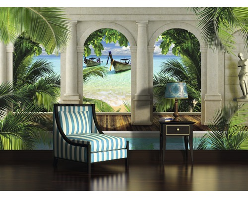 Fototapete mit tropischem Strandmotiv, Säulen, Stuhl und Tisch