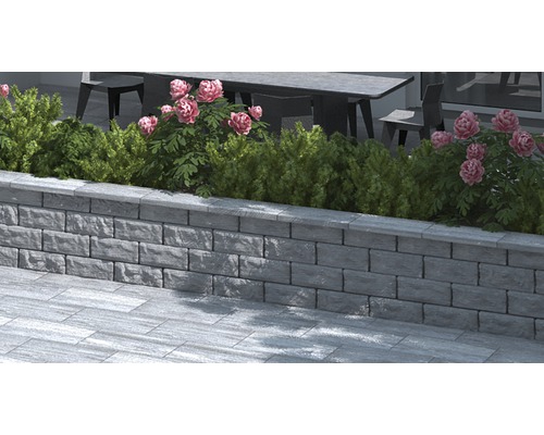 Mur en blocs de béton avec plantes et fleurs à l''extérieur.