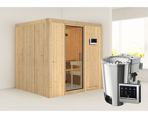 Sauna modulaire Karibu Maria avec poêle bio 3,6 kW et commande externe sans couronne et avec porte entièrement vitrée transparente