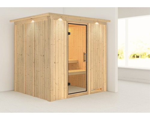 Sauna modulaire Karibu Achat VIII sans poêle avec couronne et porte vitrée transparente