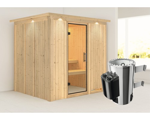 Sauna modulaire Karibu Achat VIII avec poêle 3,6 kW et commande intégrée, avec couronne et porte entièrement vitrée transparente