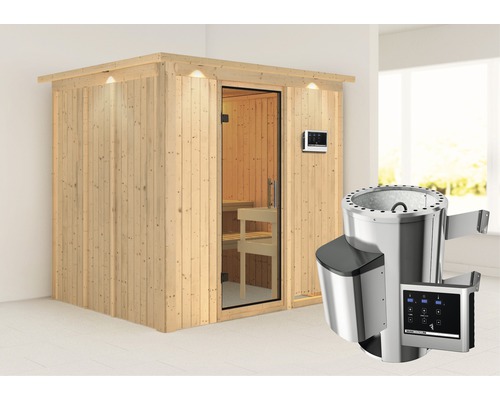 Sauna modulaire Karibu Achat VIII avec poêle 3,6 kW et commande externe, avec couronne et porte entièrement vitrée transparente