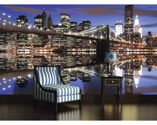 Papier peint photo avec la skyline et le pont de New York de nuit