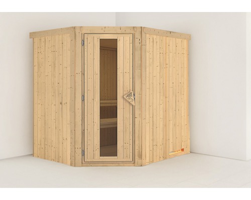Sauna modulaire Karibu Silja sans poêle ni couronne, avec porte en bois et verre isolé thermiquement