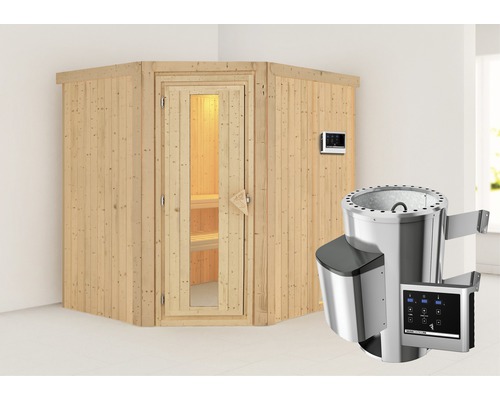 Sauna modulaire Karibu Silja avec poêle 3,6 kW et commande intégrée, sans couronne, avec porte bois en verre isolé thermiquement