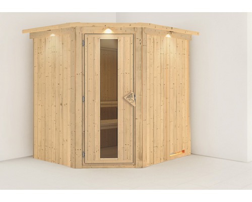 Sauna modulaire Karibu Achat VII sans poêle avec couronne et porte bois en verre isolé thermiquement