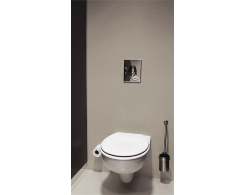 WC suspendu avec brosse de toilette et plaque de commande du réservoir