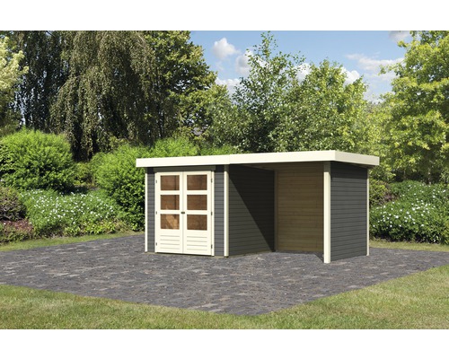 Gartenhaus Karibu Kodiak 2 mit Anbau, Rück- und Seitenwand 437x217 cm terragrau