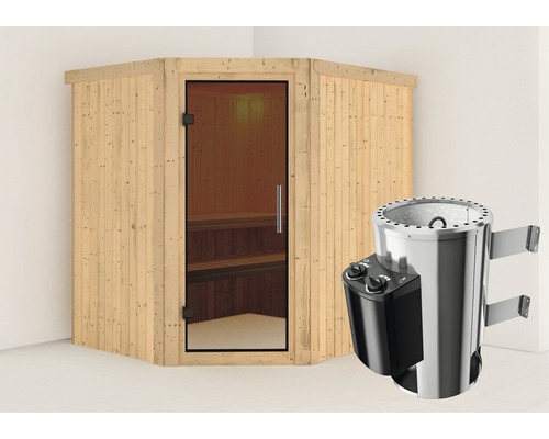 Sauna modulaire Karibu Silja avec poêle 3,6 kW et commande intégrée, sans couronne, avec porte entièrement vitrée coloris graphite