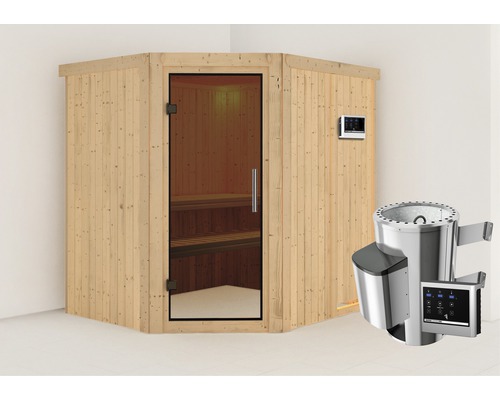 Sauna modulaire Karibu Silja avec poêle 3,6 kW et commande externe sans couronne, avec porte entièrement vitrée coloris graphite