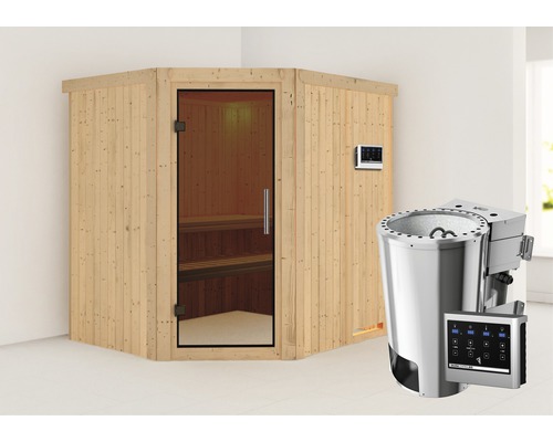 Sauna modulaire Karibu Silja avec poêle bio 3,6 kW et commande externe sans couronne, avec porte entièrement vitrée coloris graphite