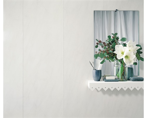 Panneau en plastique élément marbre gris 2600 x 375 x 8 mm Salle de bains avec lambris, miroir et décorations sur une étagère