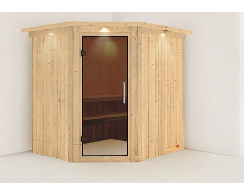Sauna modulaire Karibu Achat VII sans poêle avec couronne et porte entièrement vitrée coloris graphite