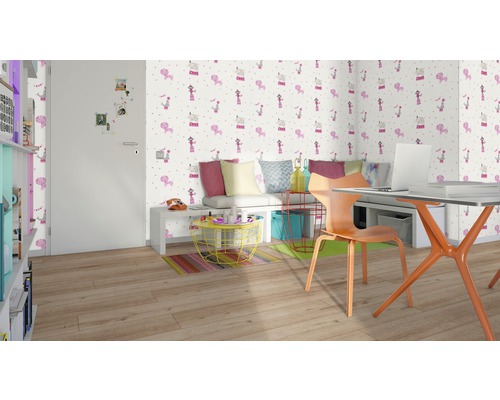 Chambre d''enfant avec bureau, chaise et papier peint sur le thème du cirque