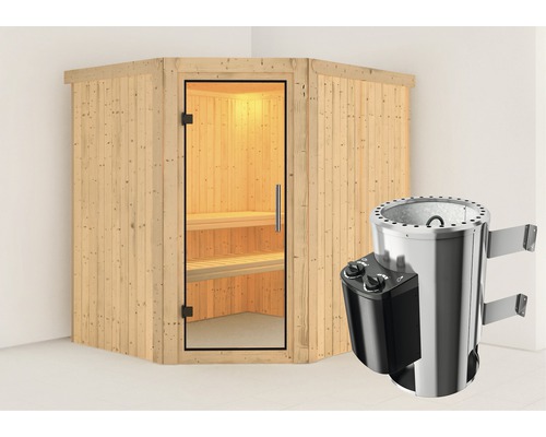 Sauna modulaire Karibu Silja avec poêle 3,6 kW et commande intégrée, sans couronne et avec porte entièrement vitrée transparente