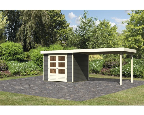 Abri de jardin Karibu Kodiak 3 avec extension de toit de 2,8 m 472 x 217 cm gris terre cuite