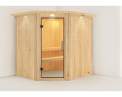 Sauna modulaire Karibu Achat VII sans poêle avec couronne et porte entièrement vitrée transparente