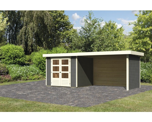 Gartenhaus Karibu Kodiak 3 mit Anbau 2.8 m, Rück- und Seitenwand 501x217 cm terragrau