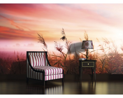 Scène avec un fauteuil rayé, une table de chevet et un papier peint photo avec un motif d''herbe