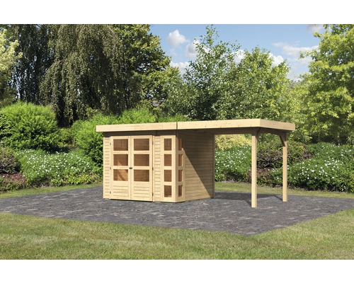 Abri de jardin Karibu Naomi 3 avec extension de 2,4 m 508 x 238 cm naturel Abri de jardin avec auvent dans le jardin