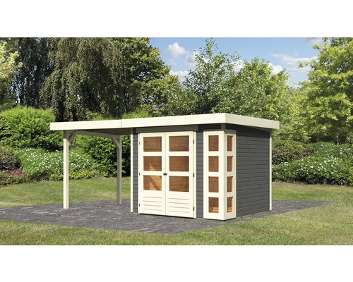 Abri de jardin Karibu Naomi 3 avec extension de 2,4 m 491 x 238 cm gris terre Abri de jardin en bois avec annexe dans le jardin