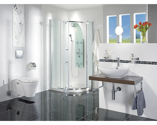 Salle de bain avec douche, lavabo, toilettes et carrelage noir