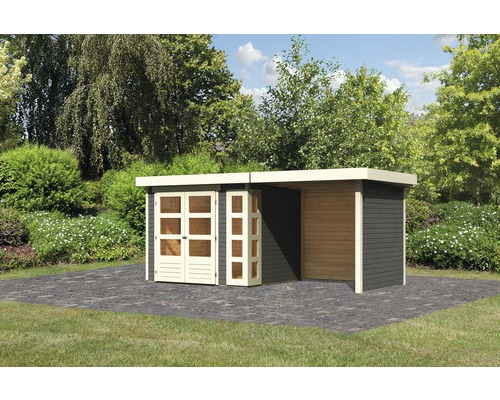 Gartenhaus Karibu Naomi 3 mit Anbau 2,4 m, Rück- und Seitenwand 508 x 238 cm terragrau