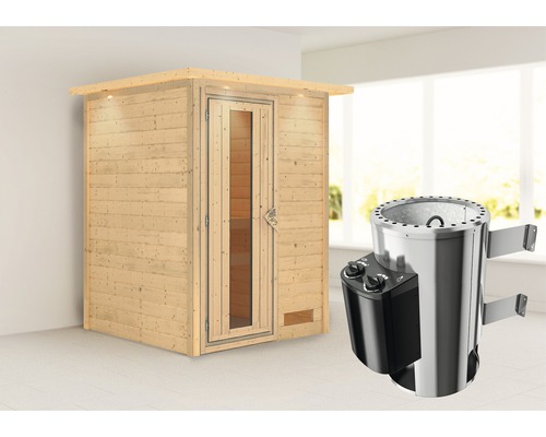 Sauna en bois massif Karibu Madja avec poêle 3,6 kW et commande intégrée, avec couronne et porte bois en verre isolé thermiquement