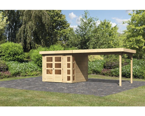 Gartenhaus Karibu Naomi 3 mit seitlichem Anbau 2,8 m 528,5 x 238 cm natur