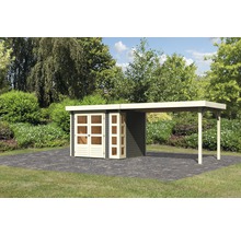 Abri de jardin avec carport en bois dans le jardin
