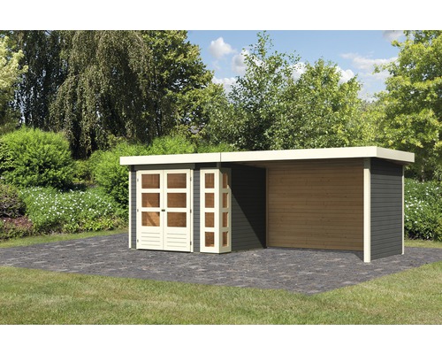 Gartenhaus Karibu Naomi 3 mit seitlichem Anbau 2.80 m und Seiten- und Rückwand 497x217 cm terragrau