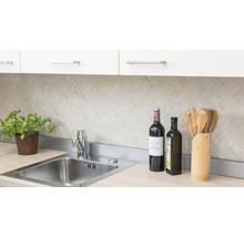 Küchenszene mit Spüle, Armatur, Fliesen, Küchenutensilien und Dekoration