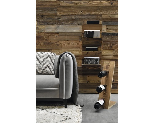 Salon lumineux avec mur en bois, étagère, casier à vin et canapé