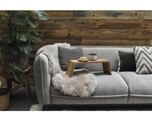Salon avec un canapé gris, un mur en bois, un plateau, des coussins et des plantes d''intérieur pour une ambiance chaleureuse