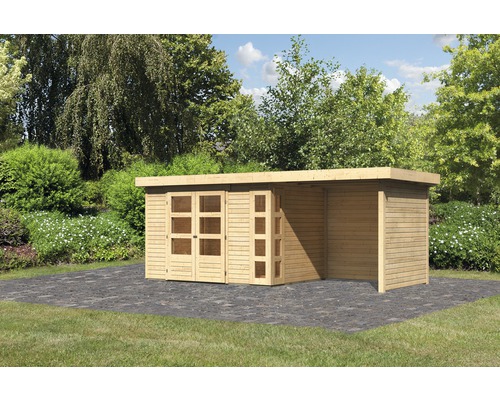 Gartenhaus Karibu Naomi 4 mit Anbau 2,4 m, Rück- und Seitenwand 572 x 238 cm natur