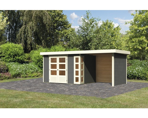 Gartenhaus Karibu Naomi 4 mit Anbau 2,4 m, Rück- und Seitenwand 526x217 cm terragrau