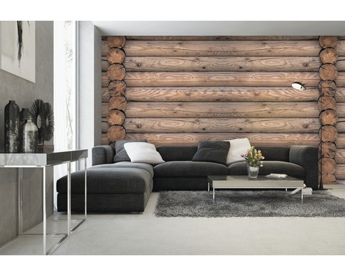 Salon avec canapé gris et papier peint photo aspect bois